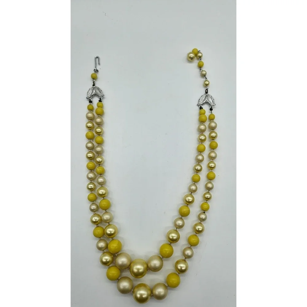 Vintage TWO Strand Necklace Signed‎ Japan Yellow Beads Hook Closure 17